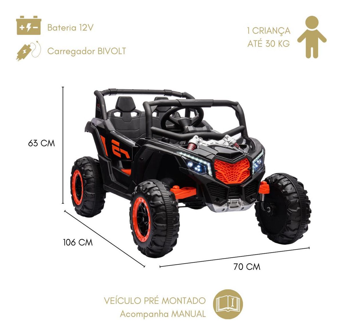 UTV INFANTIL R3  12V - PRETO C/ CONTROLE REMOTO